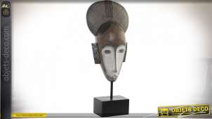 Décoration à poser style trophée africain, masque en résine et socle en métal noir, style ethnique, 60cm