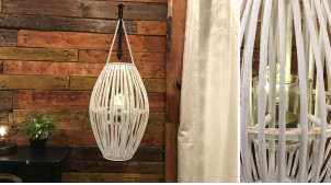 Lanterne en osier blanchi avec corde et cylindre de verre, style romantique, 50cm