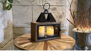 Lanterne rectangulaire en bois et métal, ambiance moderne contemporaine, 38cm