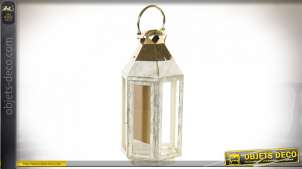 Lanterne hexagonale en métal doré brillante et blanc éraflé 45 cm