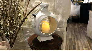 Lanterne blanche en métal finition crème vieilli, ambiance projecteur de bateau, 41cm