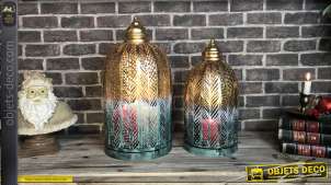 Lanternes cages dorées et blanches motif feuillages 51 cm