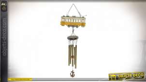 Carillon à vent en métal et bois en forme d'ancien tramway, finition effet vintage, 40cm