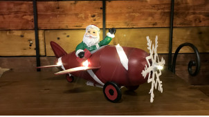 Représentation en métal du Père Noel dans un avion, éclairage LED intégré, 34cm