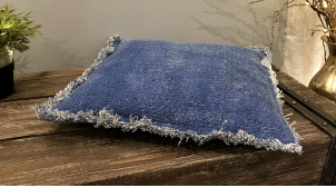 Coussin en coton épais finition bleu effet jeans, franges blanches 45x45