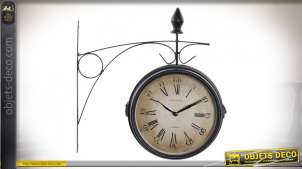 Horloge en applique murale effet fer forgé ancien, deux cadrans avec fonds vintage, Ø33cm