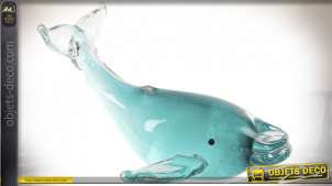 Représentation en verre d'une baleine translucide et bleue, ambiance verre de Murano, 19cm