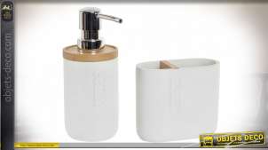 Série de deux accessoires pour salle de bains en résine et bambou naturel, ambiance écologie chic, 16cm