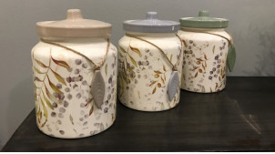 Série de trois pots en grès avec motifs de feuilles finitions vintage pastelles et petites cordes décoratives, 16cm