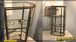 Vitrine de table en métal et verre, finition vieux laiton, 3 niveaux avec porte, pour bijoux ou pierres précieuses