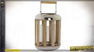Lanterne cylindrique bois naturel et métal argenté poli 32 cm