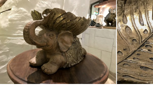 Sculpture en résine d'un éléphant finition marron et doré effet ancien, ambiance souvenirs de voyage, 31 cm