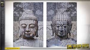 Grand paravent en toile et bois de sapin, motifs de Bouddha méditatifs sur fonds de fleurs tropicales, 180cm