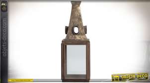 Lanterne bois et métal cuivré vieilli en forme de haute cheminée vintage 95 cm