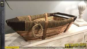 Grande corbeille en forme de bateau, en bois, osier et corde, effet ancien, esprit bord de mer, 63cm