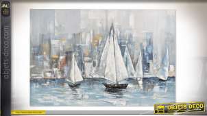 Grand tableau peint à la main, représentation d'un voilier finitions douces, 120x80cm