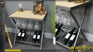 Table d'appoint en bois de sapin et métal, porte verre suspendu et range bouteilles, style bodega moderne, 61cm