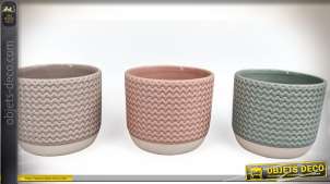 Série de cache-pots en grès de trois couleurs, ambiance pastelle et douce, Ø12cm