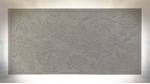 Tête de lit en bois sculpté de fleurs tropicales finition chêne clair style exotique, 160cm