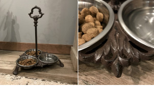Gamelle originale pour animaux en fonte finition brun ancien, 3 bols inox de 0,5L, 37cm