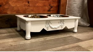 Gamelle pour chien ou chat en bois finition blanc cassé, 2 bols en inox et motifs floraux en relief, 41cm