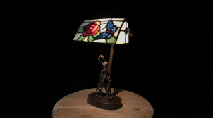 Lampe de bureau de style Tiffany, silhouette féminine et canine en résine sur base en métal, ambiance romantico vintage, 28cm