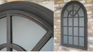 Grand miroir fenêtre en bois, finition noir charbon effet vieilli, ambiance romantico moderne, 102cm
