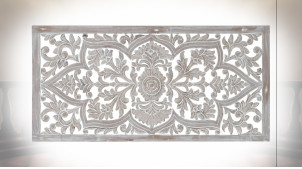 Tête de lit en bois scultpé finition naturelle blanchie ambiance oriental, 160cm