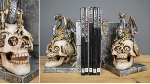 Paire de serre-livres de style gothico-steampunk avec représentations de cranes humains et de dragons, 20cm