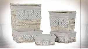Série de 5 corbeilles de rangement en osier finition naturelle blanchie ambiance campagne chic, 55cm