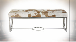 Banquette bout de lit design peau de vache marron clair et métal argenté 122 cm