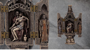 Vierge de Pitié, représentation de la Pietà avec la vierge Marie et sculpture au centre, en résine finition bronze ancien, collection Terre des Dieux, 20cm