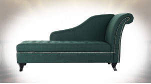 Méridienne-coffre en tissu, finition vert anglais clous de tapissier brillants, ambiance classique, 160cm