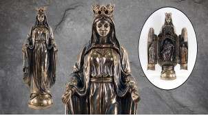 La vierge Marie, représentation de la sainte avec scène sculptée à l'intérieur, en résine finition bronze vieilli doré, collection Terre des Dieux, 28cm