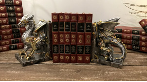 Paire de serre livres en résine en forme de dragon, effet métal anthracite avec engrenages dorés et cuivrés, collection Steampunk, 20cm