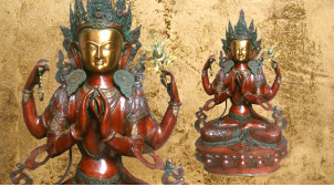 Grande représentation de bouddha en laiton massif, Kharchari assis finition colorée et vieillie, 40kg - 96cm