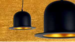 Suspension en métal en forme de chapeau melon finition noir charbon extérieur et doré cuivré intérieur, ambiance rétro moderne, Ø25cm