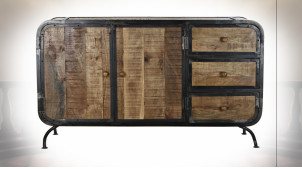 Buffet en bois de manguier finition naturelle et métal ambiance atelier, 140cm
