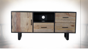 Meuble TV en bois de pin fintion naturelle et noire de style contemporain, 135cm