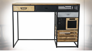 Bureau en métal noir et bois finition naturelle ambiance atelier, 110cm