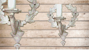 Applique en bois en forme de couronne de laurier, avec porte chandelle, finition blanchie naturelle, 21cm