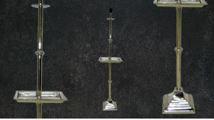 Pied de lampadaire original avec tablette carrée intégrée, ambiance classique brillante, en métal, 139cm