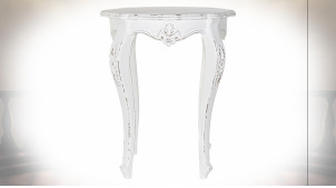 Table d'appoint en bois de manguier finition blanc vieilli, pieds galbés de style classique, 76cm