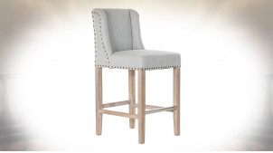 Chaise de bar en lin finition gris clair et clous de tapissier de style classique, 104cm