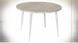 Table d'appoint en bois de manguier gravé finition naturelle blanchie de style ethnique, Ø75cm
