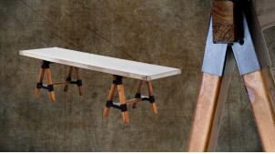 Longue table basse en bois et métal, finition naturelle et plateau effet zinc riveté, ambiance rustique, 150cm