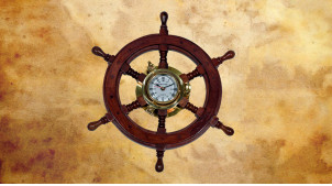 Reproduction d'un gouvernail en bois de Ø42cm avec horloge centrale en laiton doré