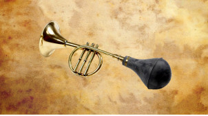 Klaxon trompette en laiton doré et poire en caoutchouc noir ancien, 43cm