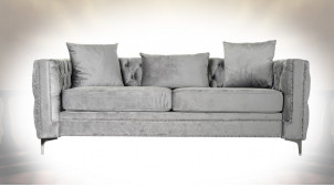 Canapé 3 places en velours finition grise, capitonnage et clous de tapissier esprit canapé Chesterfield, 210cm