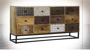 Commode 12 tiroirs motifs arabesques en bois de manguier finition naturelle ambiance orientale, 142cm